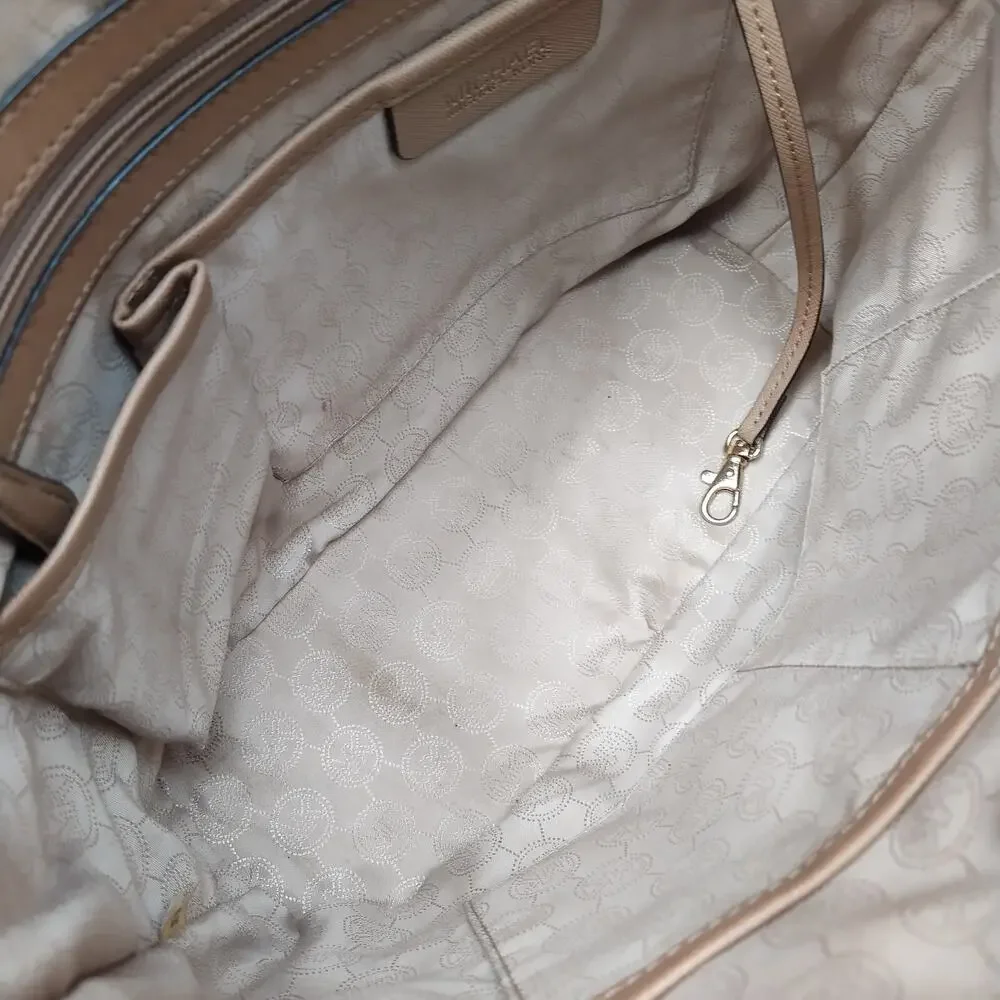Michael Kors Jet Set Beige Leather Double Handles Zipper Tote Shoulder Bag - Picture 11 of 16